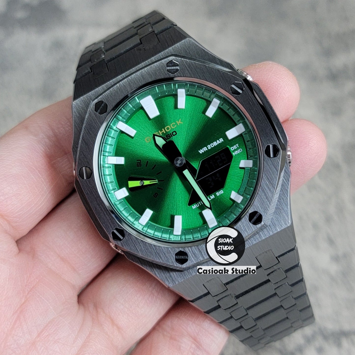 Casioak Mod Gray Case Metal Strap Green White Time Mark Green Dial 44mm- Casioak Mod Casio G-Shock Royal Oak Custom Mens Luxury Watches Ga2100