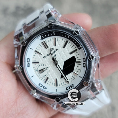 Casioak Mod NEW Transparent Case White Strap Silver Time Mark White Dial 44mm- Casioak Mod Casio G-Shock Royal Oak Custom Mens Luxury Watches Ga2100