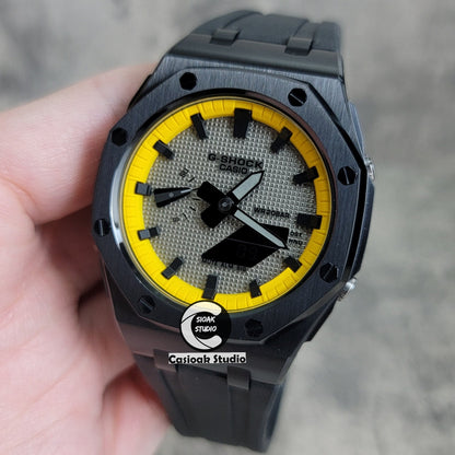 Casioak Mod Offshore Superior Black Case Black Rubber Strap Yellow Black Time Mark Gray Waffle Dial 44mm- Casioak Mod Casio G-Shock Royal Oak Custom Mens Luxury Watches Ga2100