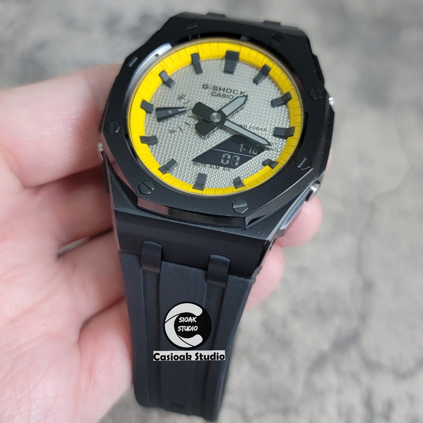 Casioak Mod Offshore Superior Black Case Black Rubber Strap Yellow Black Time Mark Gray Waffle Dial 44mm- Casioak Mod Casio G-Shock Royal Oak Custom Mens Luxury Watches Ga2100