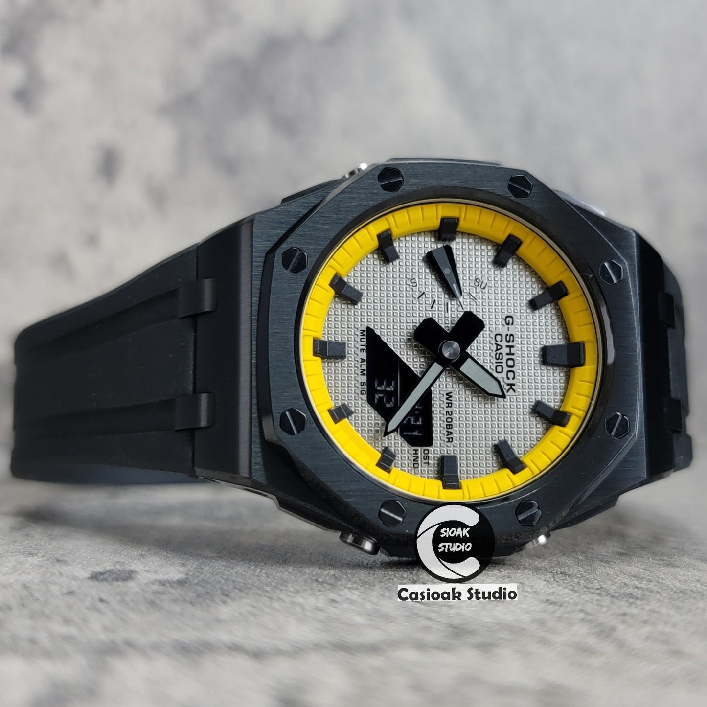 Casioak Mod Offshore Superior Black Case Black Rubber Strap Yellow Black Time Mark Gray Waffle Dial 44mm- Casioak Mod Casio G-Shock Royal Oak Custom Mens Luxury Watches Ga2100