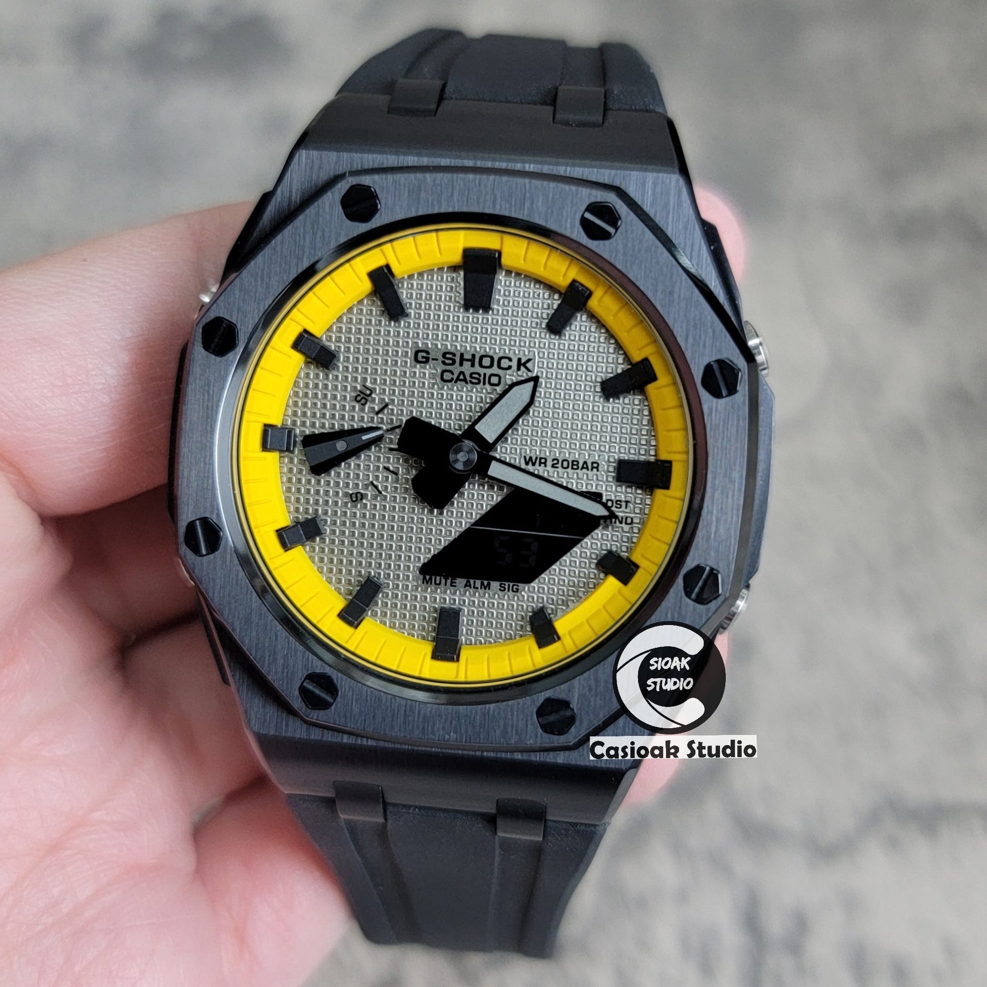 Casioak Mod Offshore Superior Black Case Black Rubber Strap Yellow Black Time Mark Gray Waffle Dial 44mm- Casioak Mod Casio G-Shock Royal Oak Custom Mens Luxury Watches Ga2100