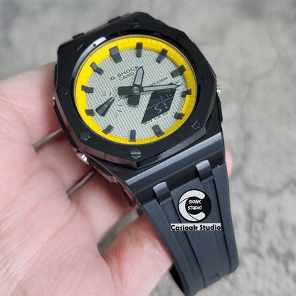 Casioak Mod Offshore Superior Black Case Black Rubber Strap Yellow Black Time Mark Gray Waffle Dial 44mm- Casioak Mod Casio G-Shock Royal Oak Custom Mens Luxury Watches Ga2100