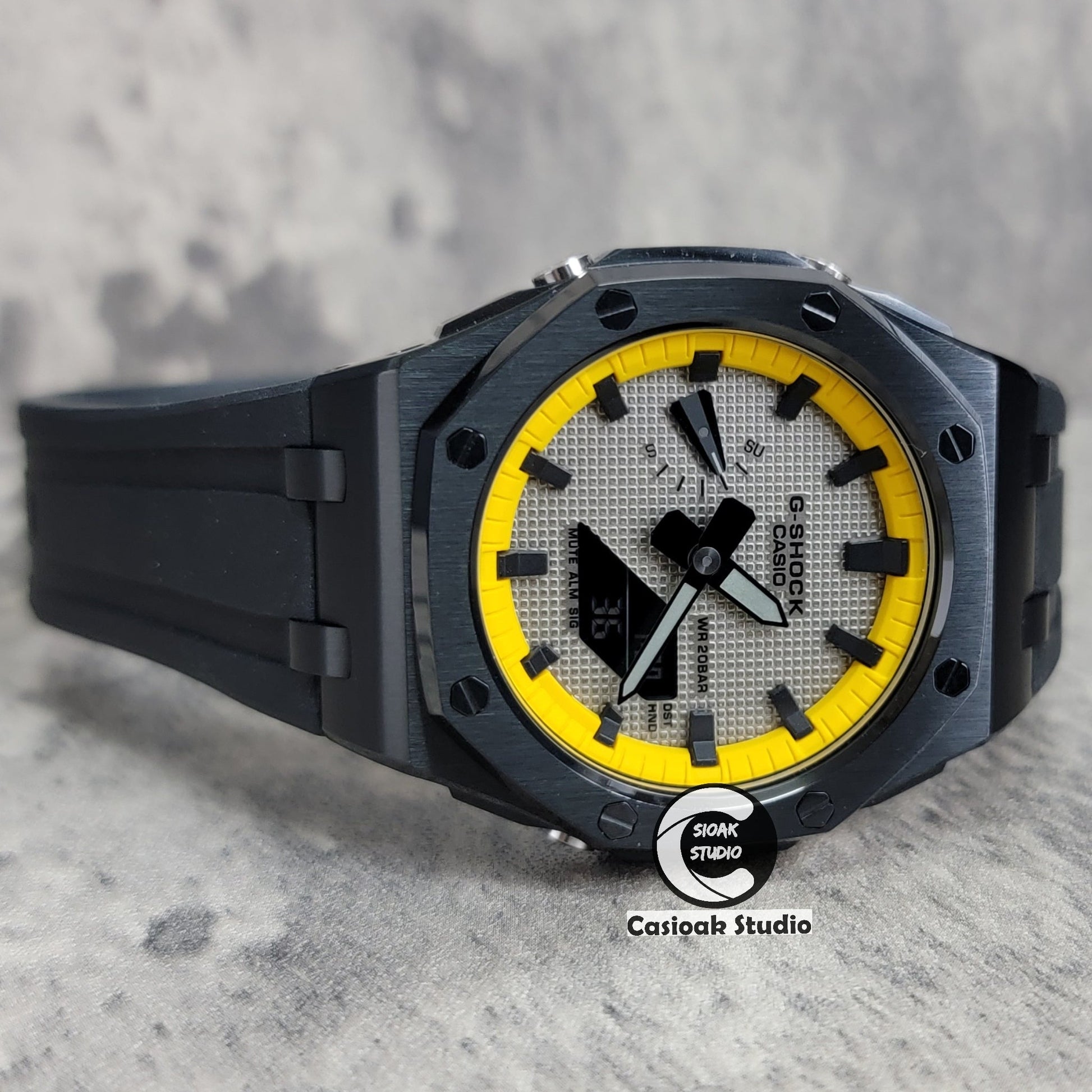 Casioak Mod Offshore Superior Black Case Black Rubber Strap Yellow Black Time Mark Gray Waffle Dial 44mm- Casioak Mod Casio G-Shock Royal Oak Custom Mens Luxury Watches Ga2100