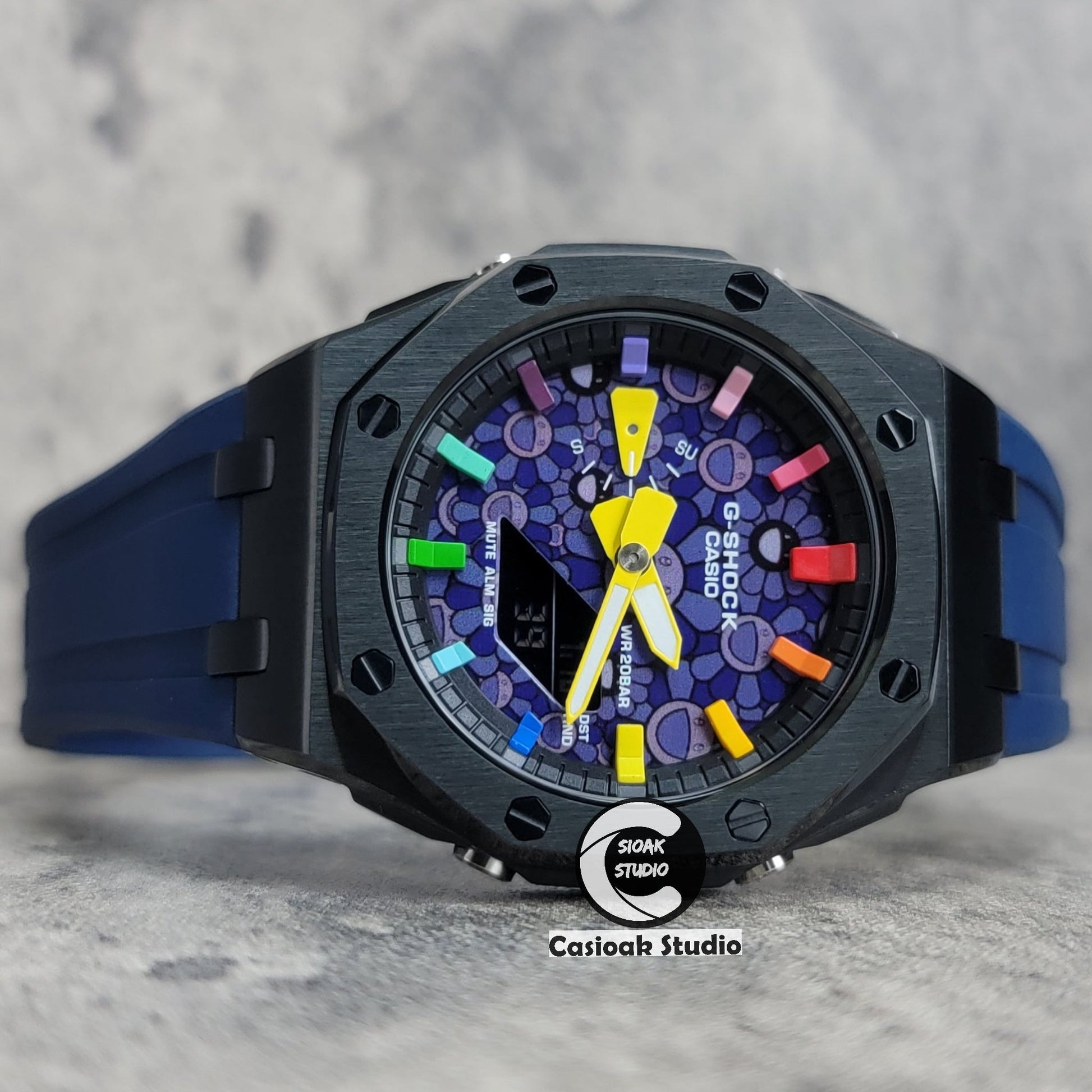 Casioak Mod Offshore Superior Black Case Blue Rubber Strap Black Rainbow Time Mark Takashi Murakami Dial 44mm- Casioak Mod Casio G-Shock Royal Oak Custom Mens Luxury Watches Ga2100