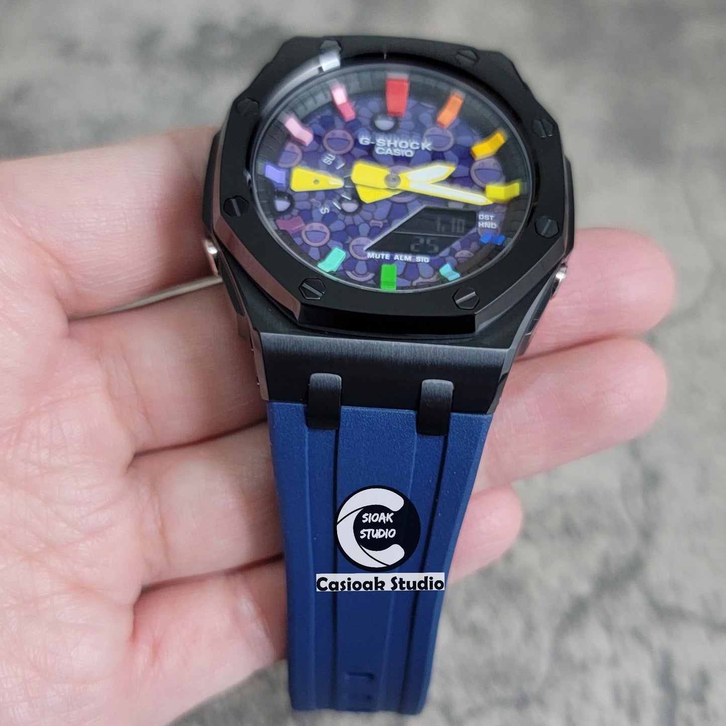 Casioak Mod Offshore Superior Black Case Blue Rubber Strap Black Rainbow Time Mark Takashi Murakami Dial 44mm- Casioak Mod Casio G-Shock Royal Oak Custom Mens Luxury Watches Ga2100