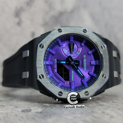 Casioak Mod Offshore Superior Black Silver Case Black Rubber Strap Purple Time Mark Purple Dial 44mm- Casioak Mod Casio G-Shock Royal Oak Custom Mens Luxury Watches Ga2100