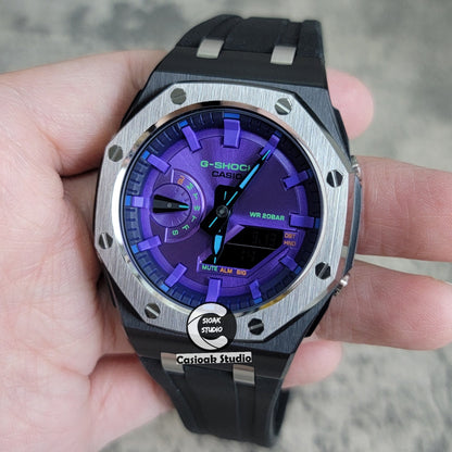 Casioak Mod Offshore Superior Black Silver Case Black Rubber Strap Purple Time Mark Purple Dial 44mm- Casioak Mod Casio G-Shock Royal Oak Custom Mens Luxury Watches Ga2100