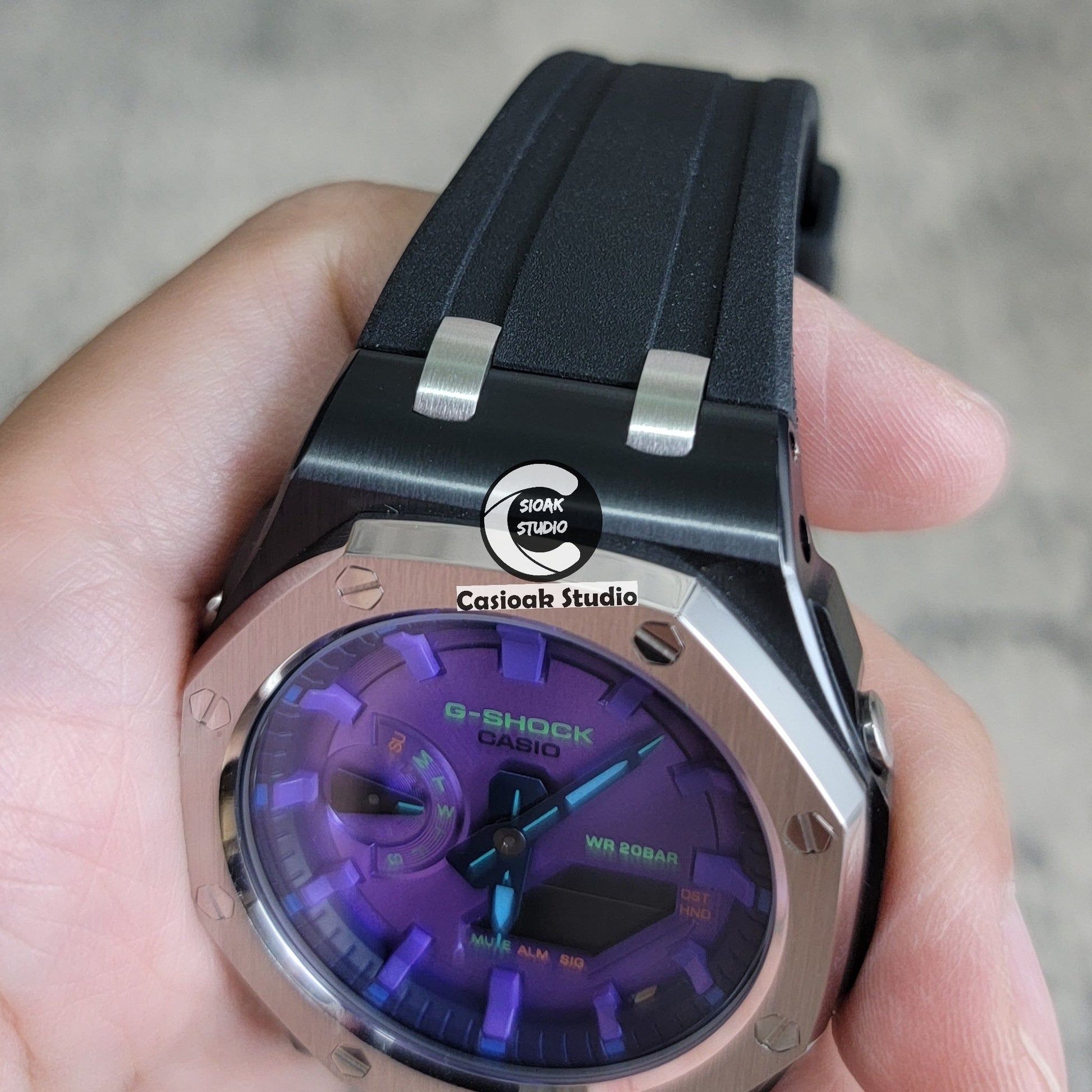 Casioak Mod Offshore Superior Black Silver Case Black Rubber Strap Purple Time Mark Purple Dial 44mm- Casioak Mod Casio G-Shock Royal Oak Custom Mens Luxury Watches Ga2100