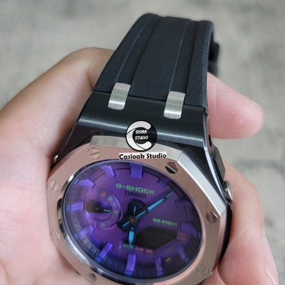 Casioak Mod Offshore Superior Black Silver Case Black Rubber Strap Purple Time Mark Purple Dial 44mm- Casioak Mod Casio G-Shock Royal Oak Custom Mens Luxury Watches Ga2100