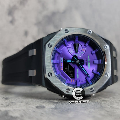 Casioak Mod Offshore Superior Black Silver Case Black Rubber Strap Purple Time Mark Purple Dial 44mm- Casioak Mod Casio G-Shock Royal Oak Custom Mens Luxury Watches Ga2100