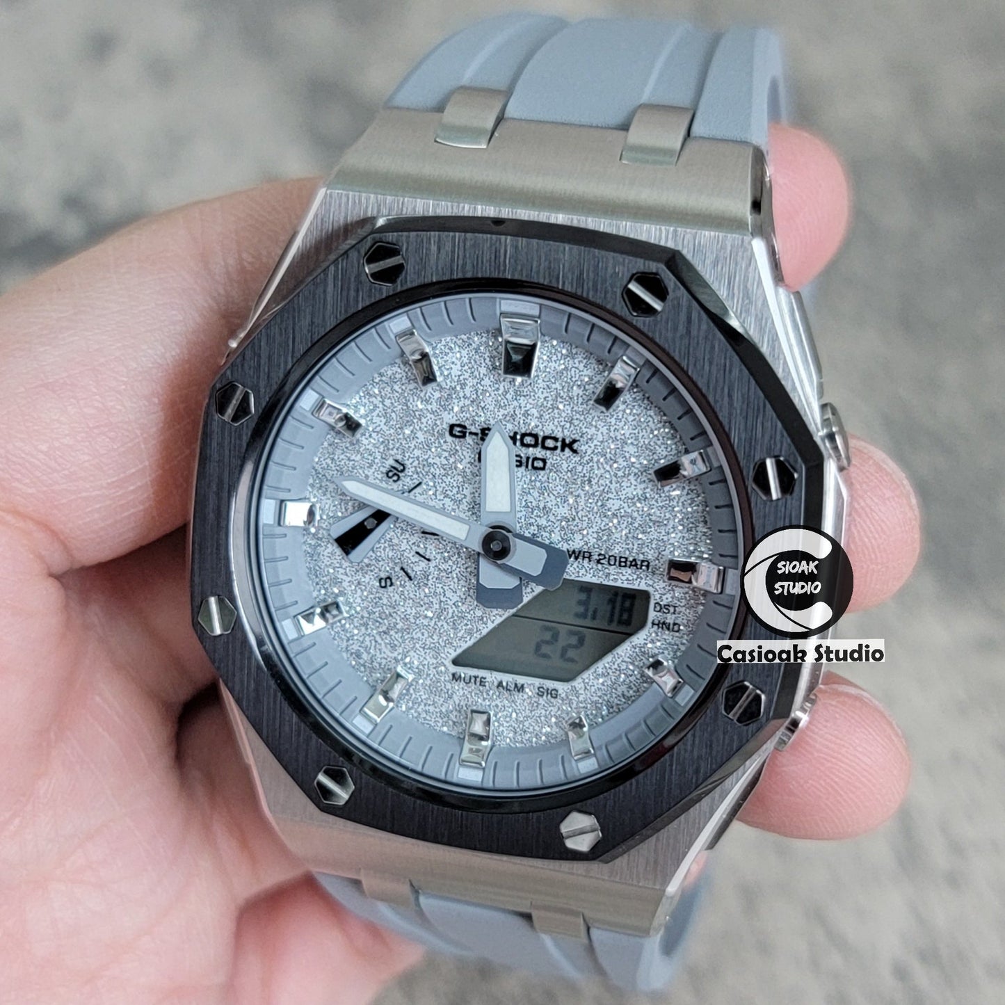 Casioak Mod Offshore Superior Black Silver Case Gray Rubber Strap Gray Time Mark Starry Silver Gray Dial 44mm- Casioak Mod Casio G-Shock Royal Oak Custom Mens Luxury Watches Ga2100