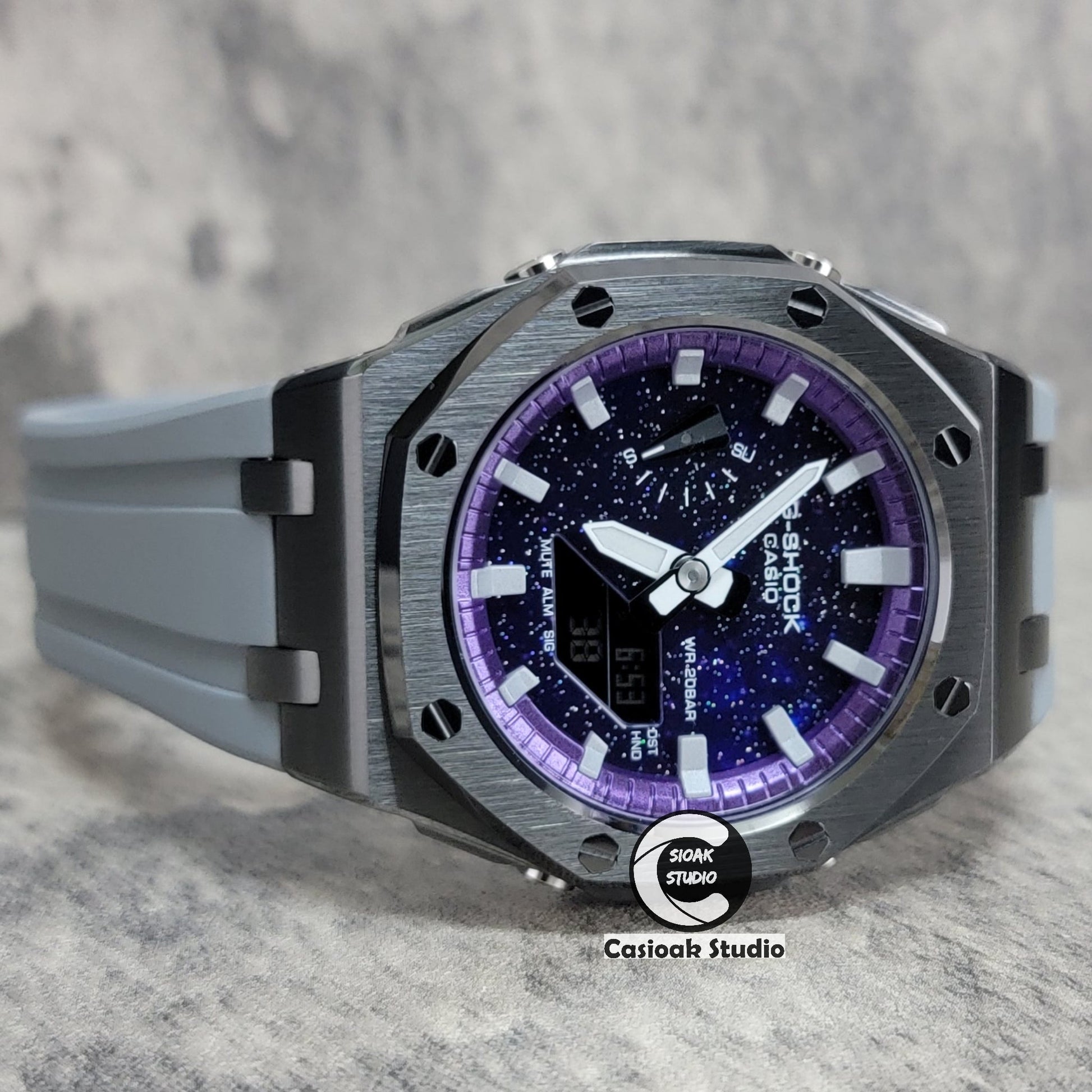 Casioak Mod Offshore Superior Gray Case Gray Rubber Strap Purple Time Mark Purple Dial 44mm- Casioak Mod Casio G-Shock Royal Oak Custom Mens Luxury Watches Ga2100