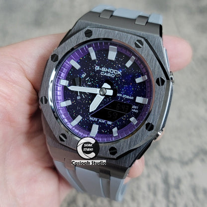 Casioak Mod Offshore Superior Gray Case Gray Rubber Strap Purple Time Mark Purple Dial 44mm- Casioak Mod Casio G-Shock Royal Oak Custom Mens Luxury Watches Ga2100