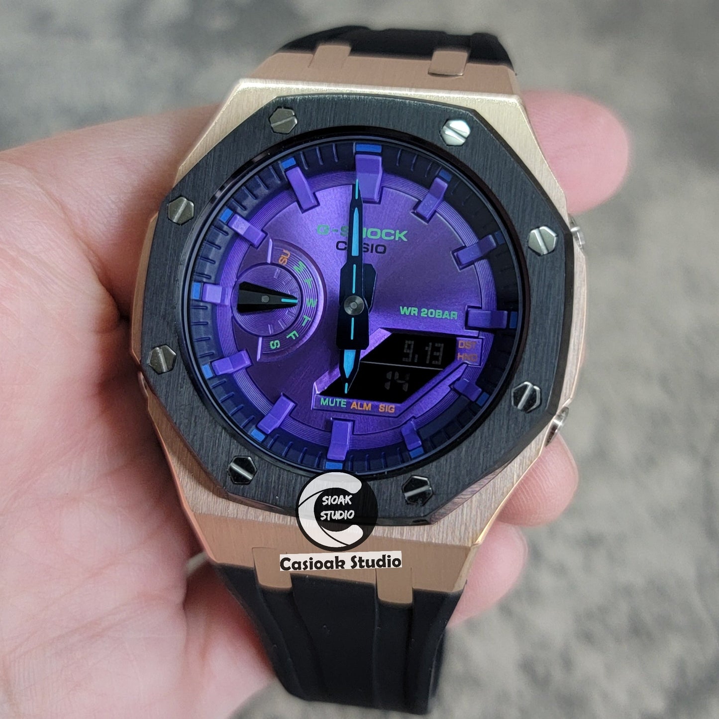 Casioak Mod Rose Gold Black Case Black Rub Purple Time Mark Purple Dial 44mm- Casioak Mod Casio G-Shock Royal Oak Custom Mens Luxury Watches Ga2100