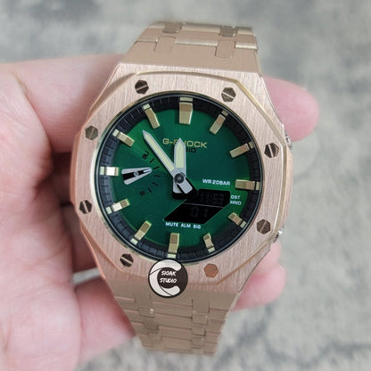 Casioak Mod Rose Gold Case Metal Strap Black Gold Time Mark Green Dial 44mm- Casioak Mod Casio G-Shock Royal Oak Custom Mens Luxury Watches Ga2100