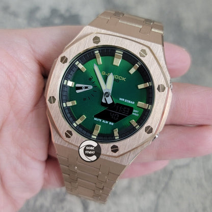 Casioak Mod Rose Gold Case Metal Strap Black Gold Time Mark Green Dial 44mm- Casioak Mod Casio G-Shock Royal Oak Custom Mens Luxury Watches Ga2100