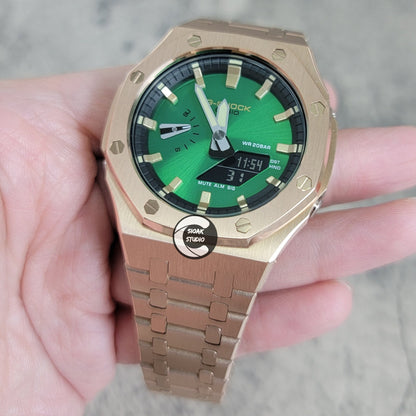 Casioak Mod Rose Gold Case Metal Strap Black Gold Time Mark Green Dial 44mm- Casioak Mod Casio G-Shock Royal Oak Custom Mens Luxury Watches Ga2100