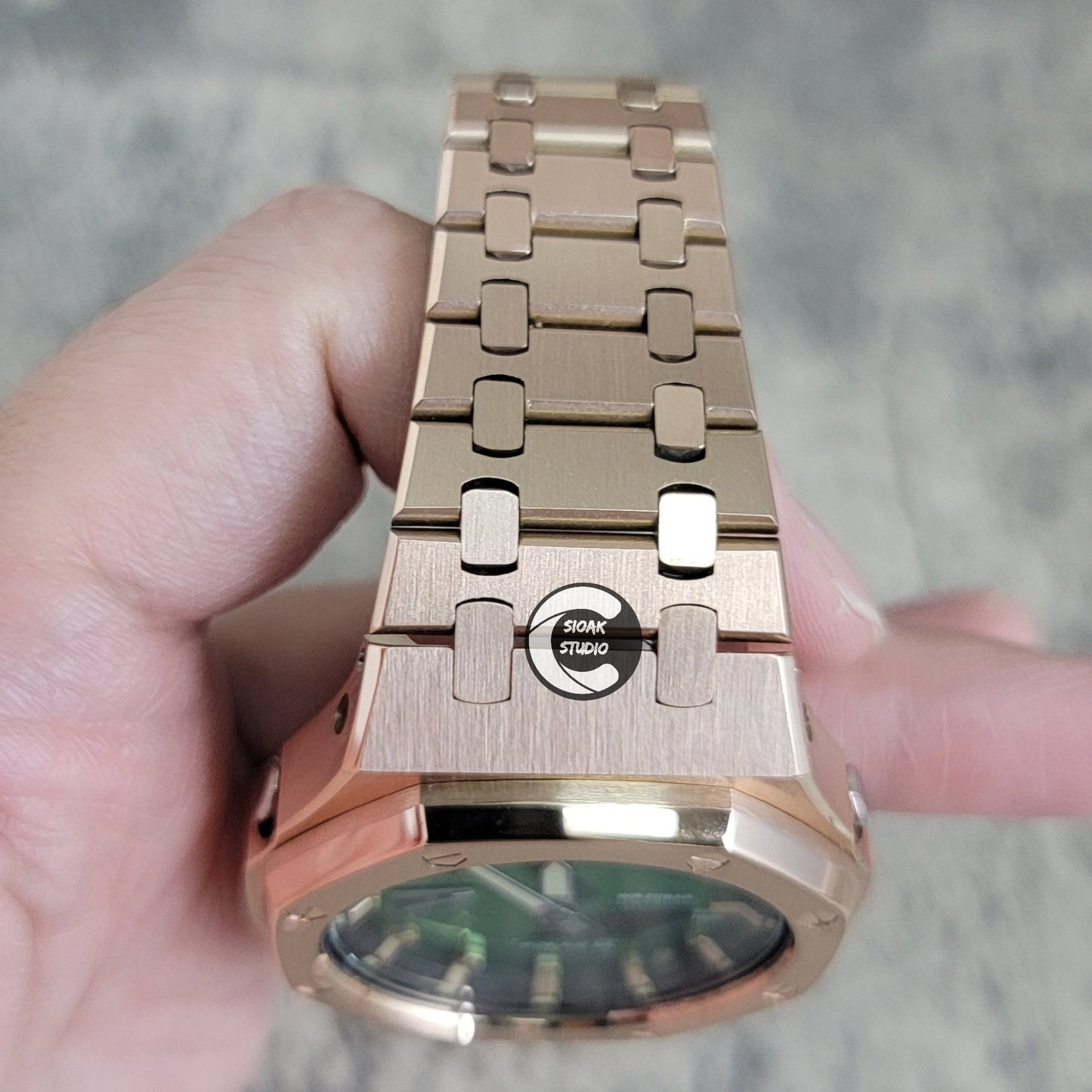 Casioak Mod Rose Gold Case Metal Strap Black Gold Time Mark Green Dial 44mm- Casioak Mod Casio G-Shock Royal Oak Custom Mens Luxury Watches Ga2100