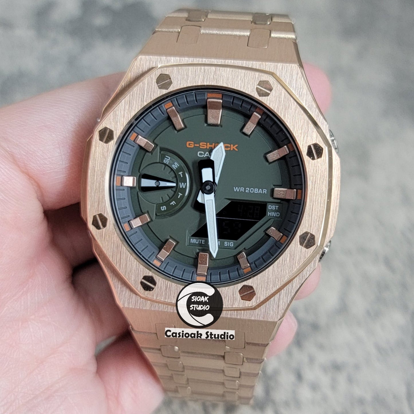 Casioak Mod Rose Gold Case Metal Strap Black Rose Gold Time Mark Olive Green Dial 44mm- Casioak Mod Casio G-Shock Royal Oak Custom Mens Luxury Watches Ga2100