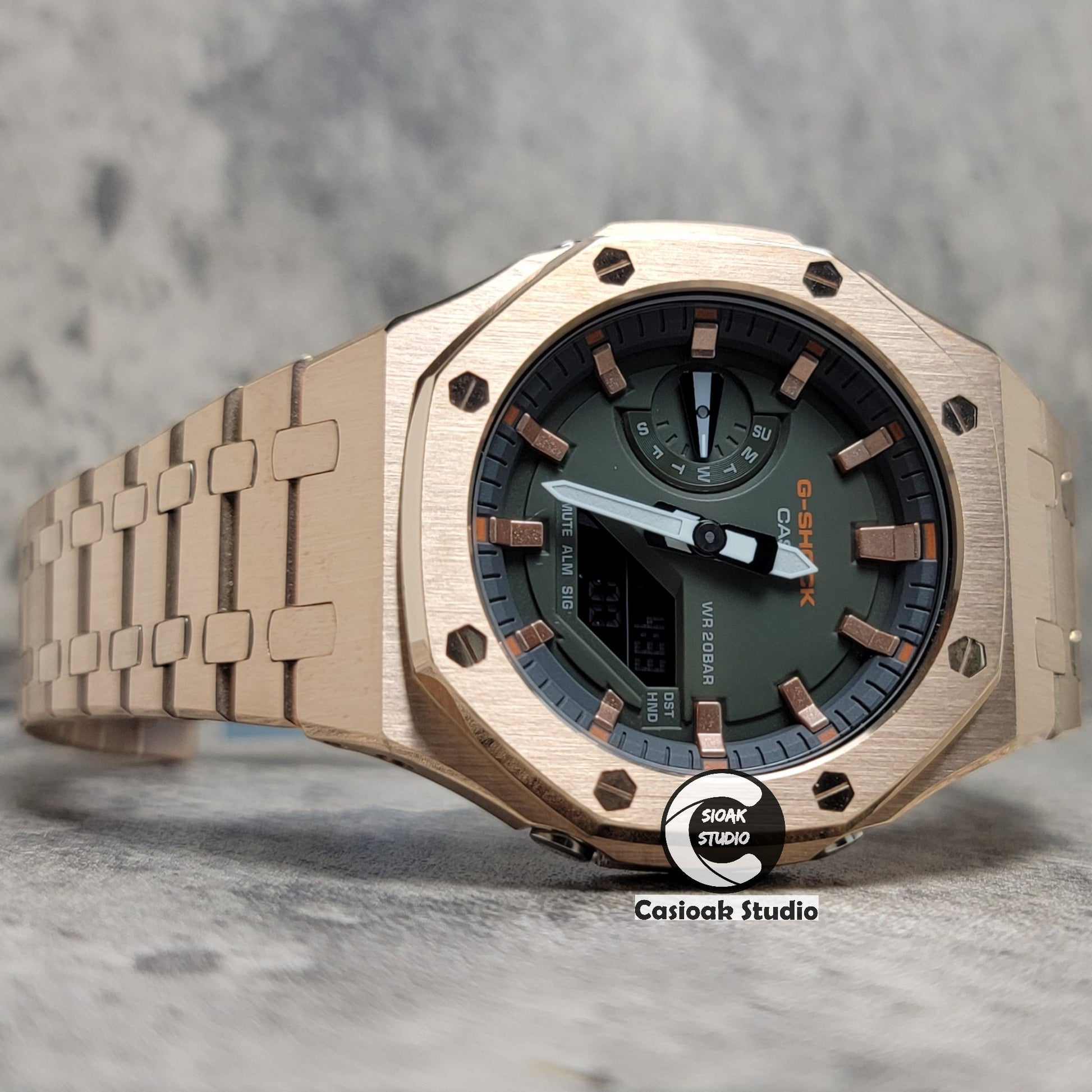 Casioak Mod Rose Gold Case Metal Strap Black Rose Gold Time Mark Olive Green Dial 44mm- Casioak Mod Casio G-Shock Royal Oak Custom Mens Luxury Watches Ga2100