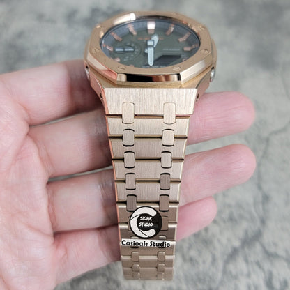 Casioak Mod Rose Gold Case Metal Strap Black Rose Gold Time Mark Olive Green Dial 44mm- Casioak Mod Casio G-Shock Royal Oak Custom Mens Luxury Watches Ga2100