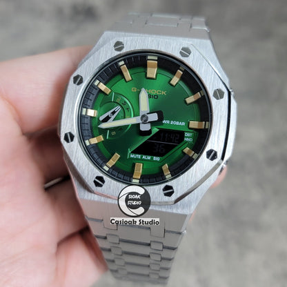 Casioak Mod Silver Case Metal Strap Black Gold Time Mark Green Dial 44mm- Casioak Mod Casio G-Shock Royal Oak Custom Mens Luxury Watches Ga2100