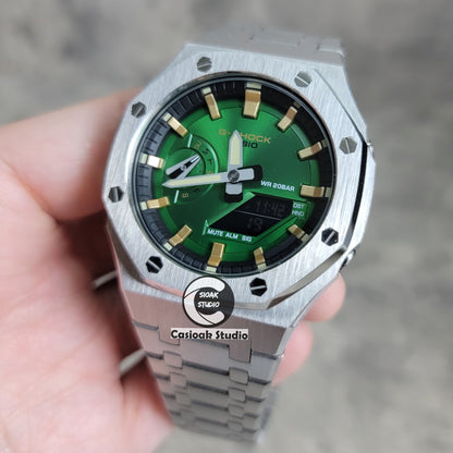 Casioak Mod Silver Case Metal Strap Black Gold Time Mark Green Dial 44mm- Casioak Mod Casio G-Shock Royal Oak Custom Mens Luxury Watches Ga2100