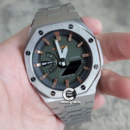 Casioak Mod Silver Case Metal Strap Black Rose Gold Time Mark Olive Green Dial 44mm- Casioak Mod Casio G-Shock Royal Oak Custom Mens Luxury Watches Ga2100