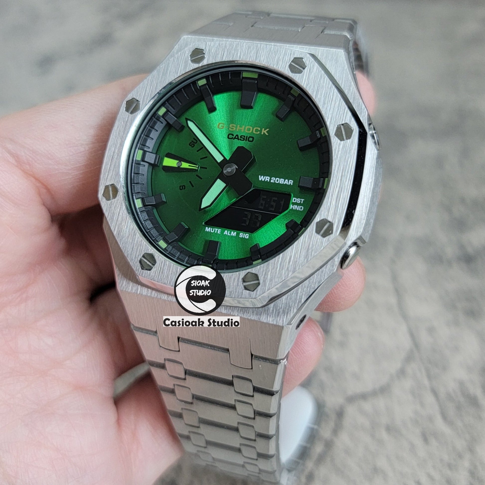 Casioak Mod Silver Case Metal Strap Black Time Mark Green Dial 44mm- Casioak Mod Casio G-Shock Royal Oak Custom Mens Luxury Watches Ga2100