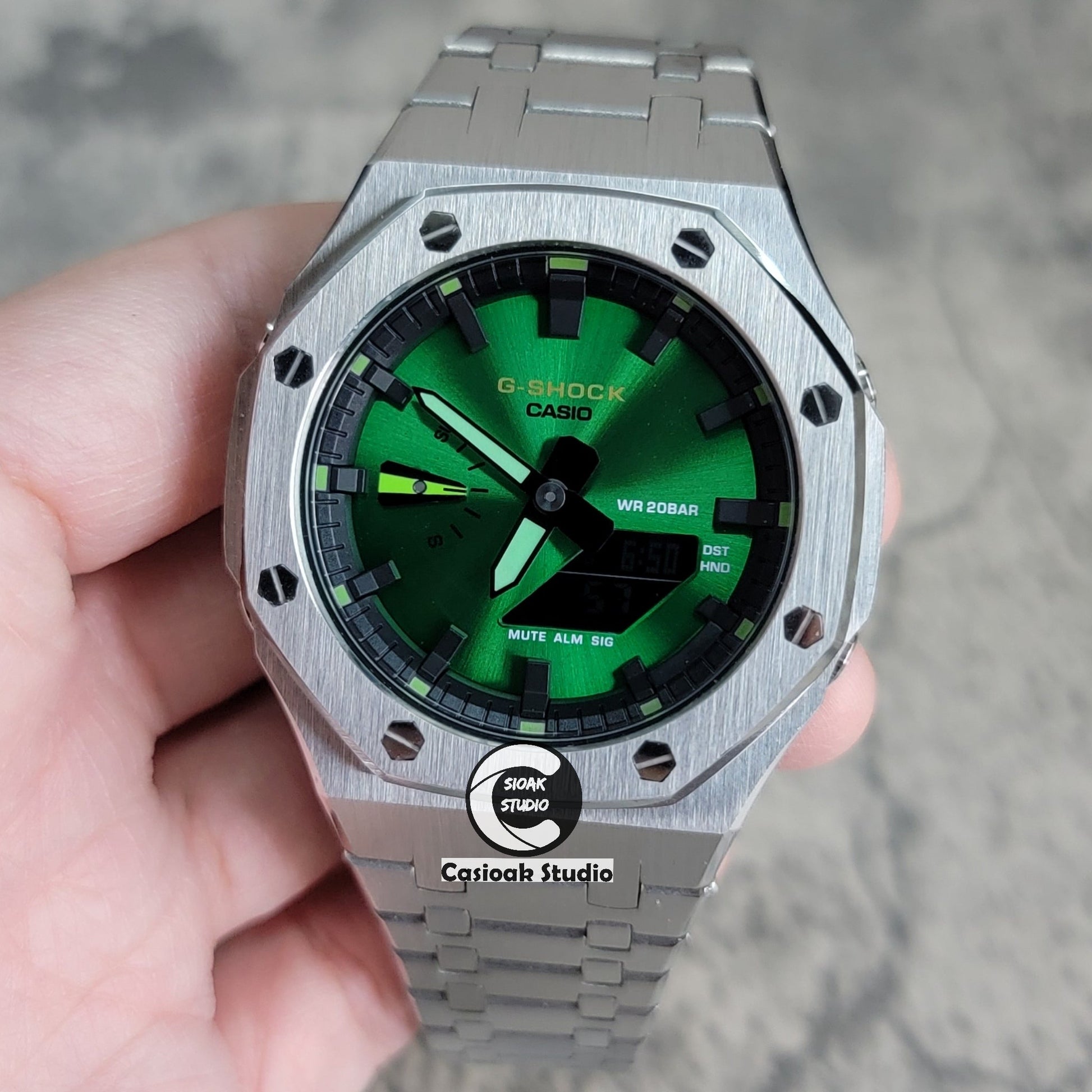 Casioak Mod Silver Case Metal Strap Black Time Mark Green Dial 44mm- Casioak Mod Casio G-Shock Royal Oak Custom Mens Luxury Watches Ga2100