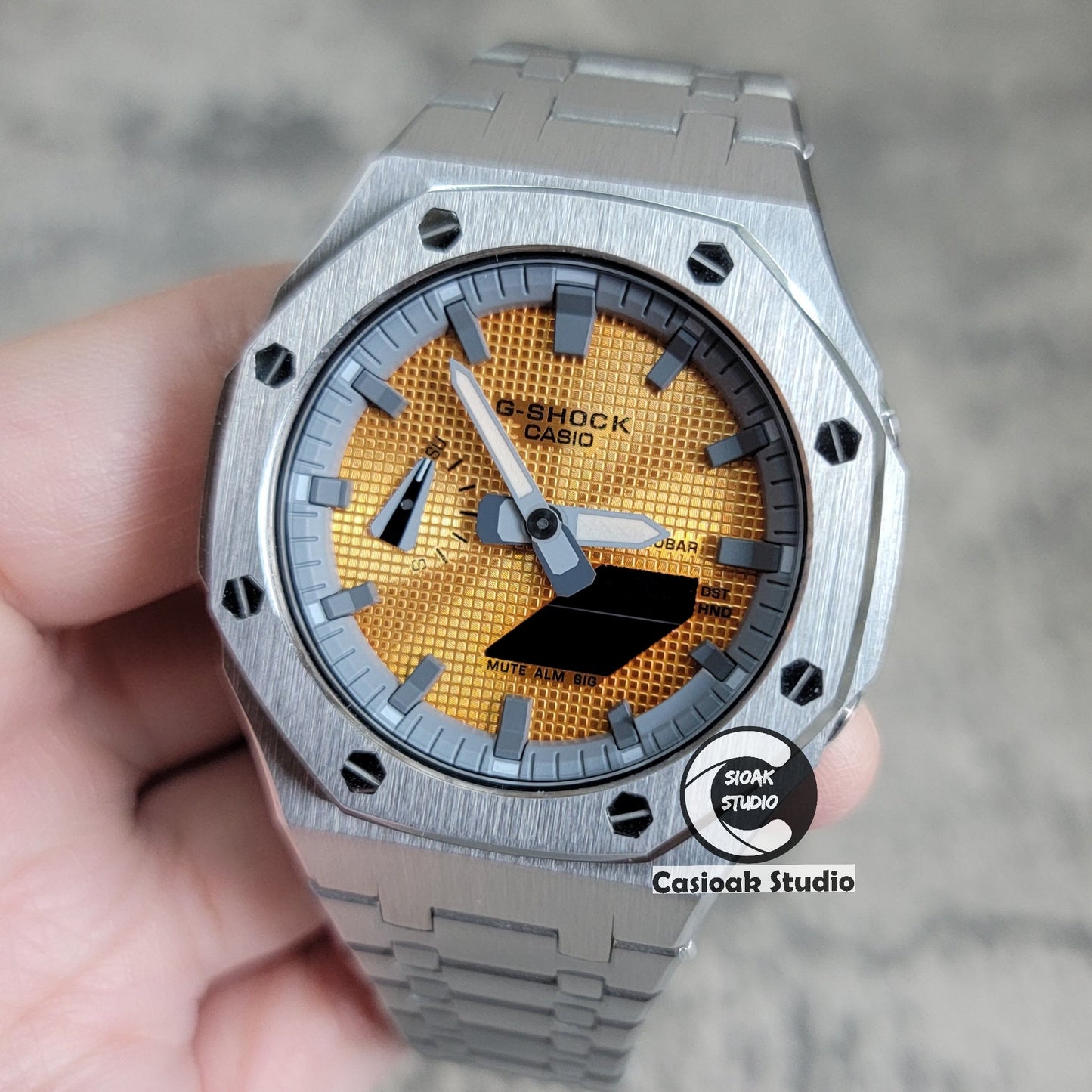 Casioak Mod Silver Case Metal Strap Gray Time Mark Gold Waffle Dial 44mm- Casioak Mod Casio G-Shock Royal Oak Custom Mens Luxury Watches Ga2100