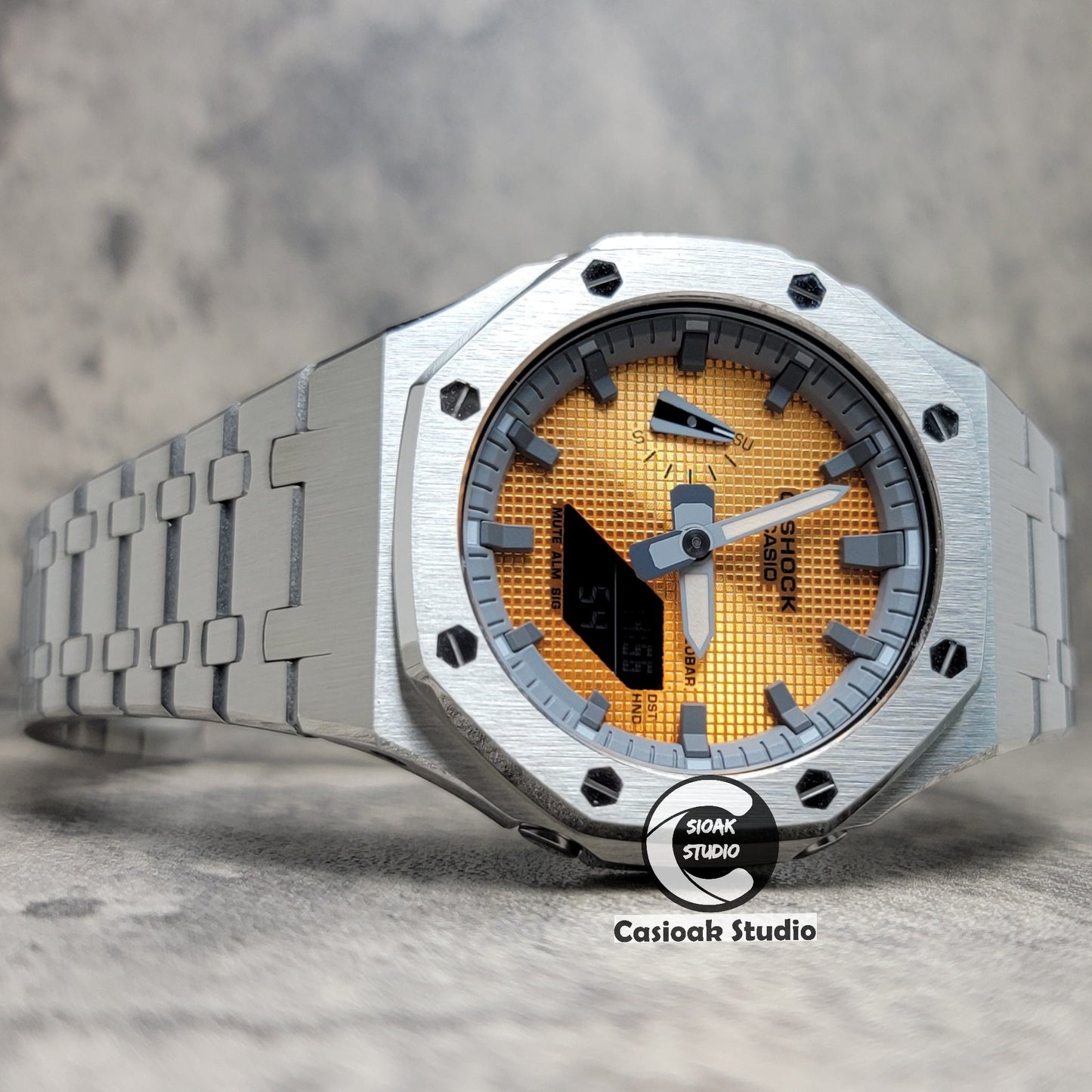 Casioak Mod Silver Case Metal Strap Gray Time Mark Gold Waffle Dial 44mm- Casioak Mod Casio G-Shock Royal Oak Custom Mens Luxury Watches Ga2100