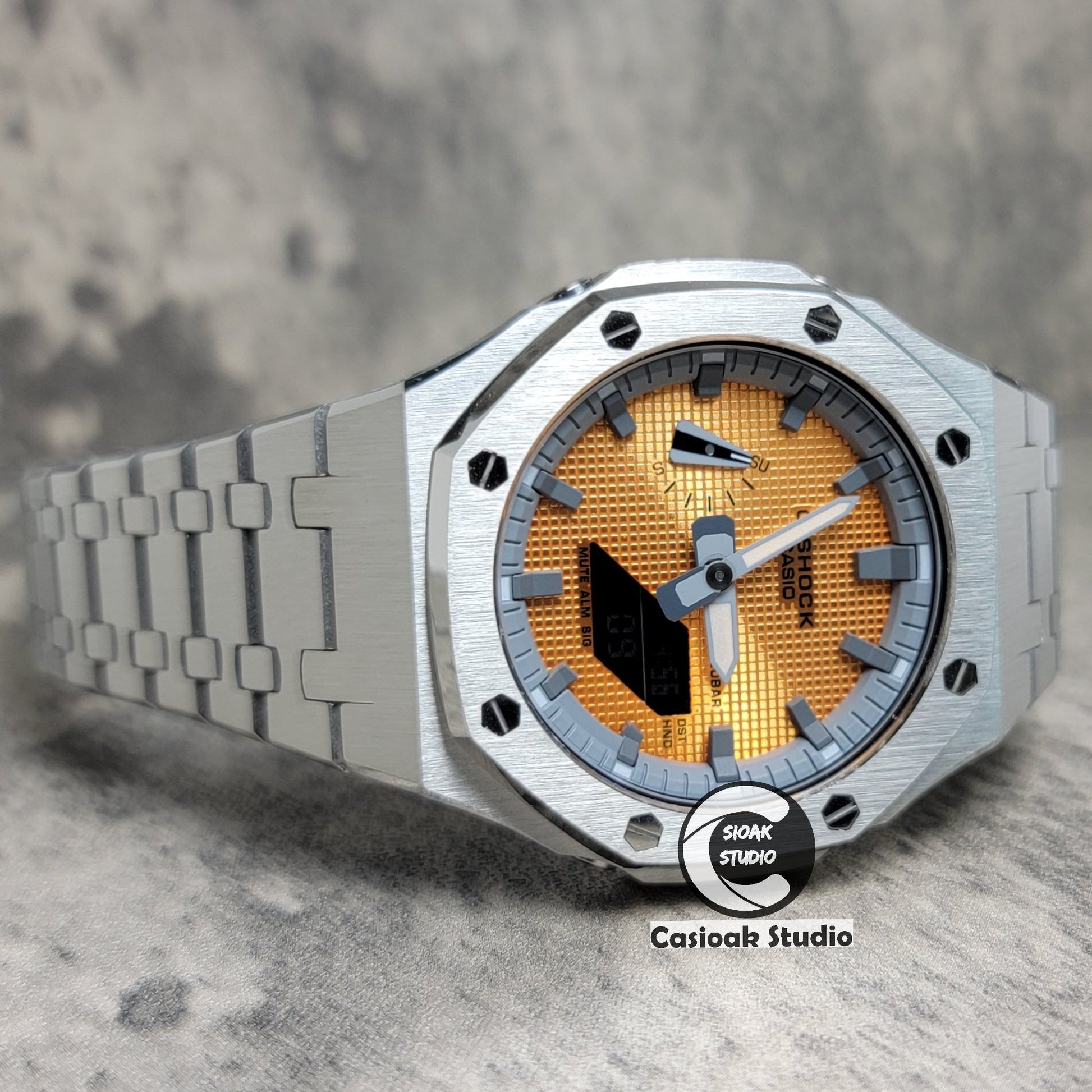 Casioak Mod Silver Case Metal Strap Gray Time Mark Gold Waffle Dial 44mm- Casioak Mod Casio G-Shock Royal Oak Custom Mens Luxury Watches Ga2100