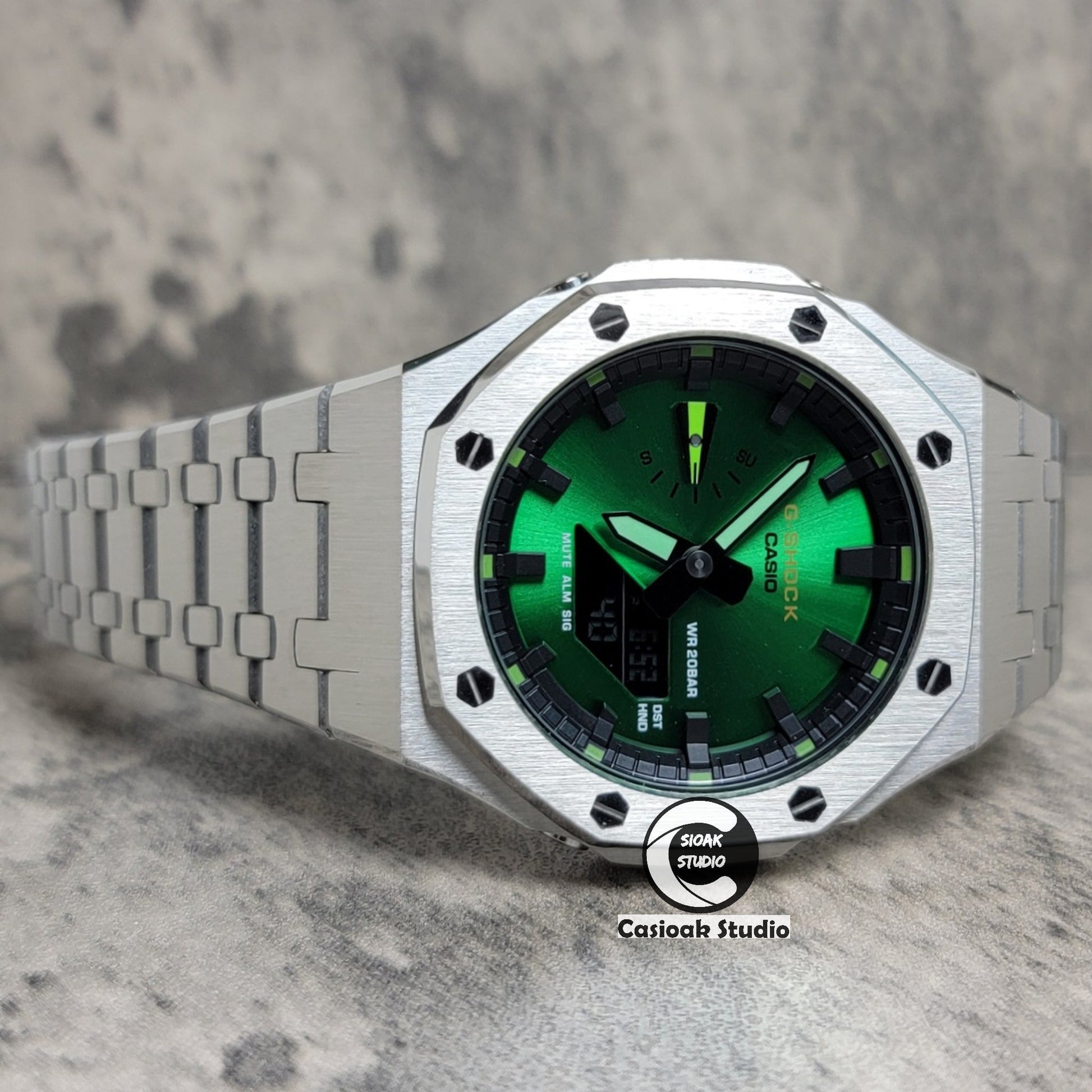 Casioak Mod Silver Case Metal Strap Green Black Time Mark Green Dial 44mm- Casioak Mod Casio G-Shock Royal Oak Custom Mens Luxury Watches Ga2100