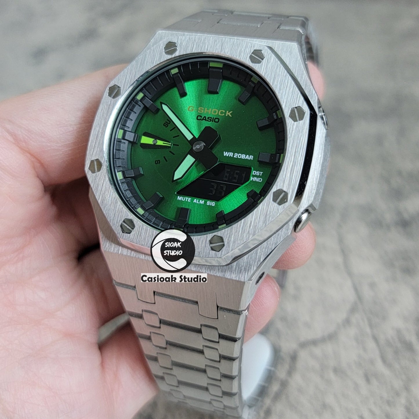 Casioak Mod Silver Case Metal Strap Green Black Time Mark Green Dial 44mm- Casioak Mod Casio G-Shock Royal Oak Custom Mens Luxury Watches Ga2100