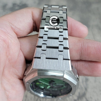 Casioak Mod Silver Case Metal Strap Green Black Time Mark Green Dial 44mm- Casioak Mod Casio G-Shock Royal Oak Custom Mens Luxury Watches Ga2100