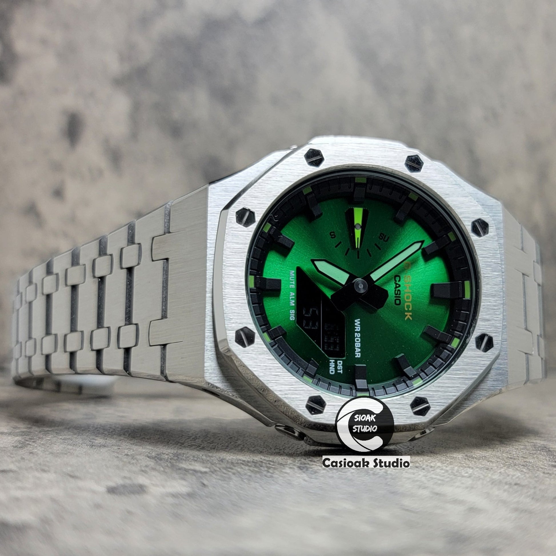 Casioak Mod Silver Case Metal Strap Green Black Time Mark Green Dial 44mm- Casioak Mod Casio G-Shock Royal Oak Custom Mens Luxury Watches Ga2100