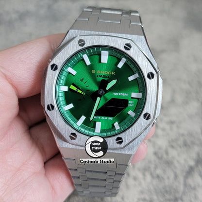 Casioak Mod Silver Case Metal Strap Green White Time Mark Green Dial 44mm- Casioak Mod Casio G-Shock Royal Oak Custom Mens Luxury Watches Ga2100