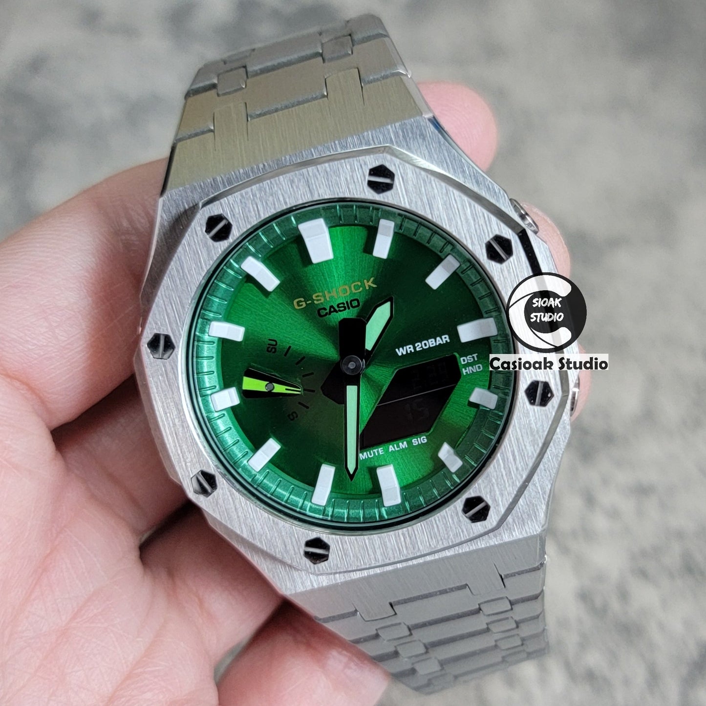 Casioak Mod Silver Case Metal Strap Green White Time Mark Green Dial 44mm- Casioak Mod Casio G-Shock Royal Oak Custom Mens Luxury Watches Ga2100