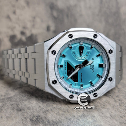 Casioak Mod Silver Case Metal Strap Silver Time Mark Tiff Blue Dial 44mm- Casioak Mod Casio G-Shock Royal Oak Custom Mens Luxury Watches Ga2100