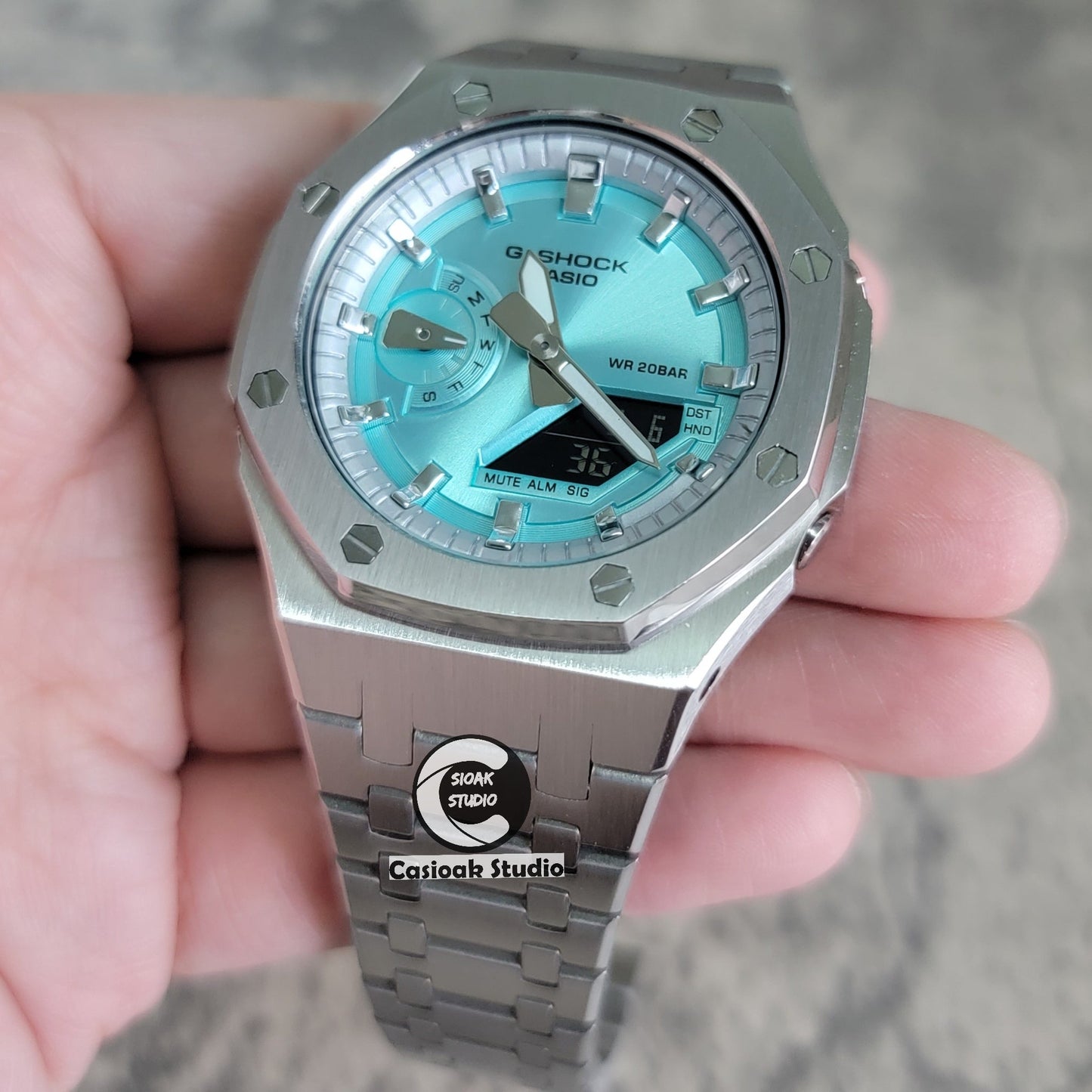 Casioak Mod Silver Case Metal Strap Silver Time Mark Tiff Blue Dial 44mm- Casioak Mod Casio G-Shock Royal Oak Custom Mens Luxury Watches Ga2100