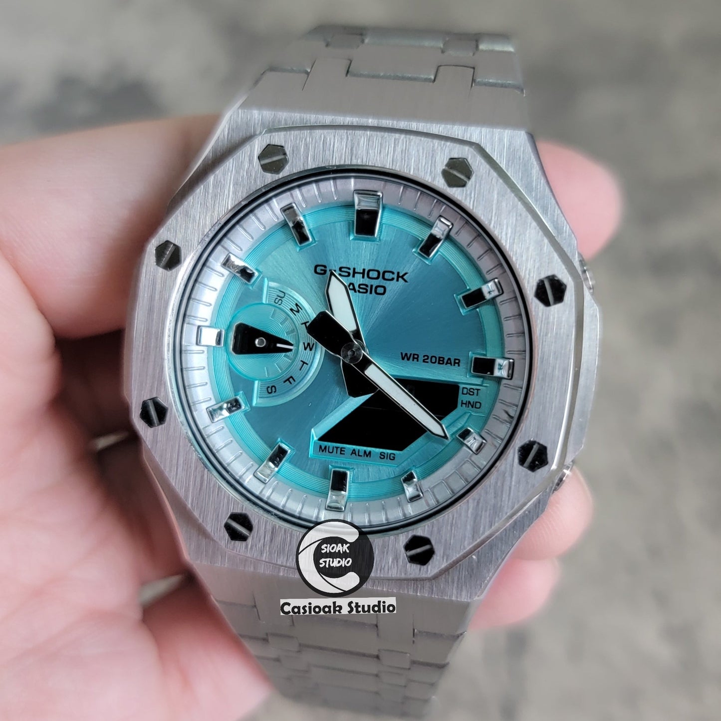 Casioak Mod Silver Case Metal Strap Silver Time Mark Tiff Blue Dial 44mm- Casioak Mod Casio G-Shock Royal Oak Custom Mens Luxury Watches Ga2100