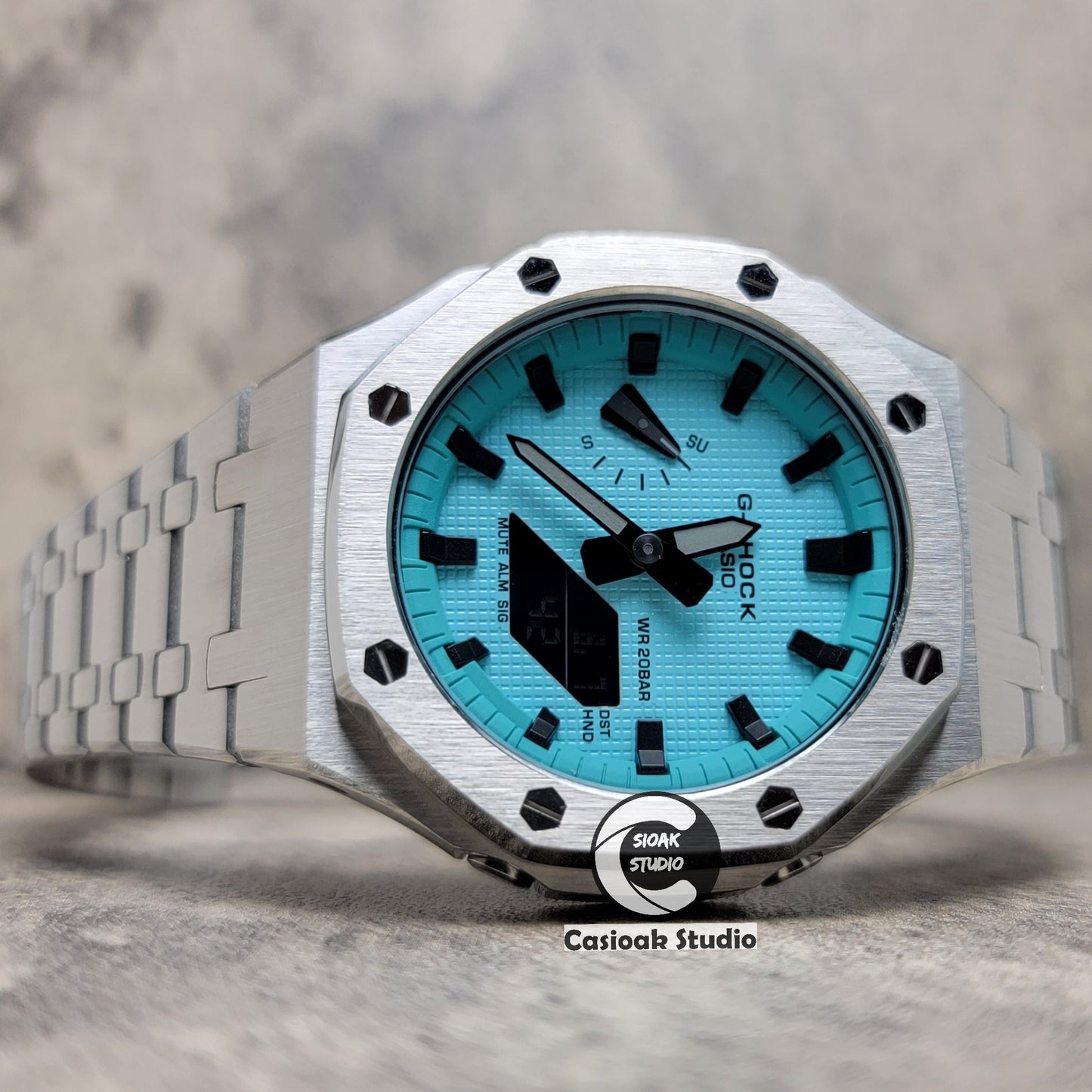 Casioak Mod Silver Case Metal Strap Tiff Blue Black Time Mark Tiff Blue Dial 44mm- Casioak Mod Casio G-Shock Royal Oak Custom Mens Luxury Watches Ga2100