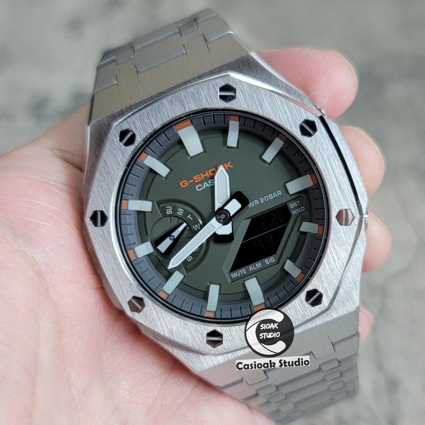 Casioak Mod Silver Case Metal Strap White Luminous Time Mark Olive Green Dial 44mm- Casioak Mod Casio G-Shock Royal Oak Custom Mens Luxury Watches Ga2100