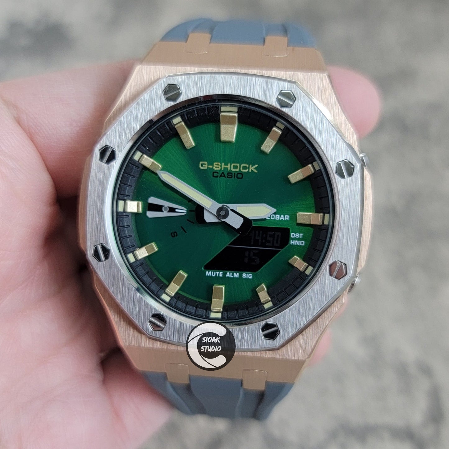 Casioak Mod Silver Rose Gold Case Metal Strap Black Gold Time Mark Green Dial 44mm- Casioak Mod Casio G-Shock Royal Oak Custom Mens Luxury Watches Ga2100