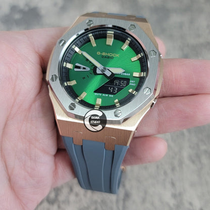 Casioak Mod Silver Rose Gold Case Metal Strap Black Gold Time Mark Green Dial 44mm- Casioak Mod Casio G-Shock Royal Oak Custom Mens Luxury Watches Ga2100