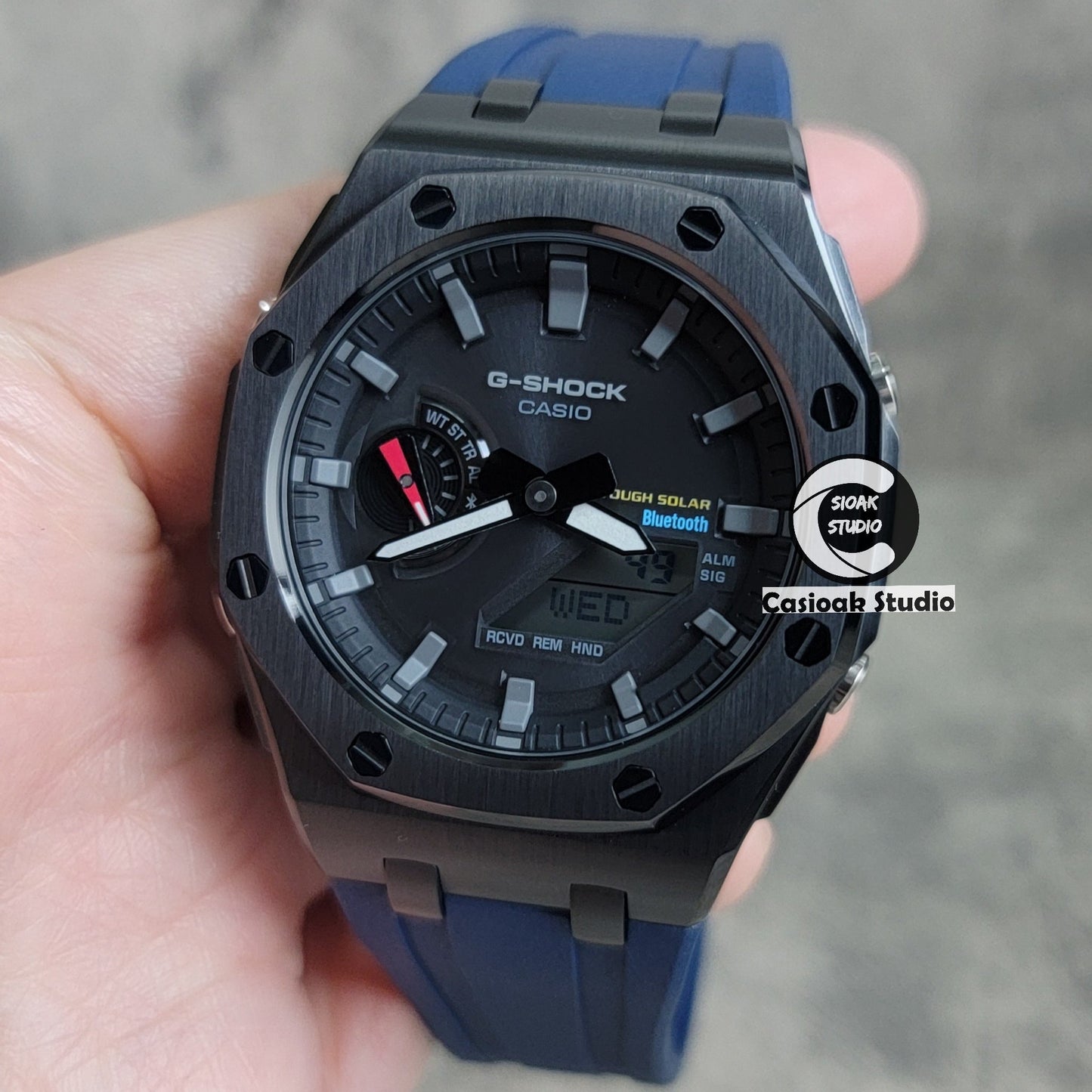 Casioak Mod Solar Bluetooth Offshore Superior Case Blue Rubber Strap Black Gray Time Mark Black Dial 44mm- Casioak Mod Casio G-Shock Royal Oak Custom Mens Luxury Watches Ga2100