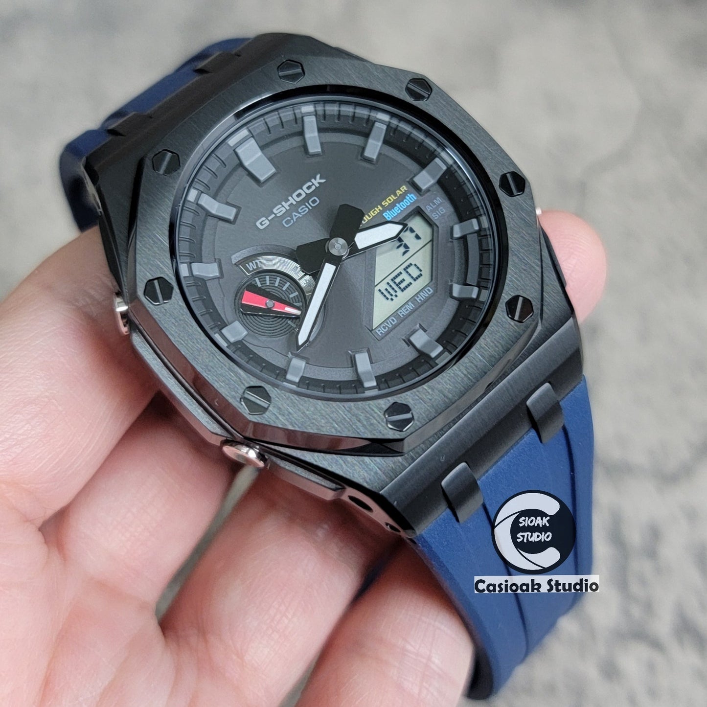 Casioak Mod Solar Bluetooth Offshore Superior Case Blue Rubber Strap Black Gray Time Mark Black Dial 44mm- Casioak Mod Casio G-Shock Royal Oak Custom Mens Luxury Watches Ga2100