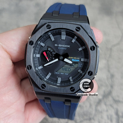 Casioak Mod Solar Bluetooth Offshore Superior Case Blue Rubber Strap Black Gray Time Mark Black Dial 44mm- Casioak Mod Casio G-Shock Royal Oak Custom Mens Luxury Watches Ga2100